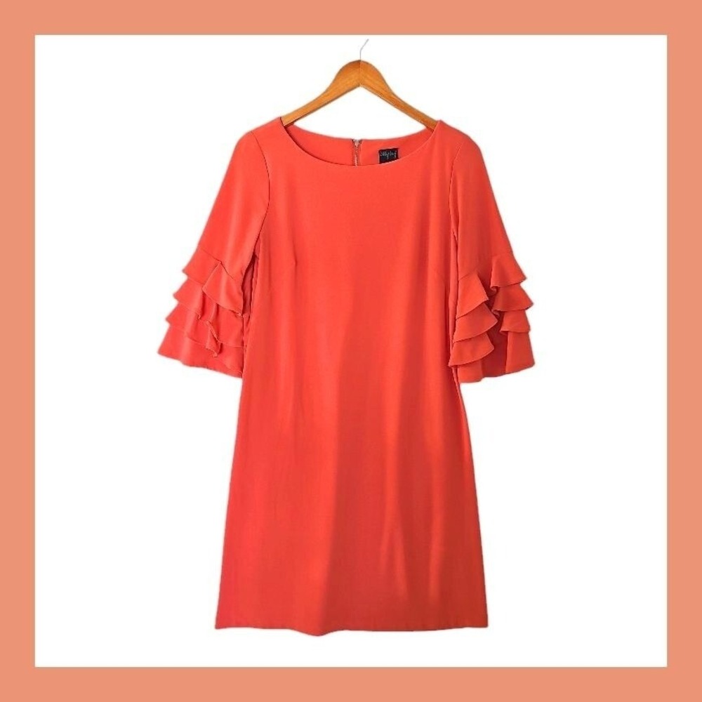 Gabby Style Orange Coral Midi Shift Dress Bell Ruffle 3/4 Sleeve size 6